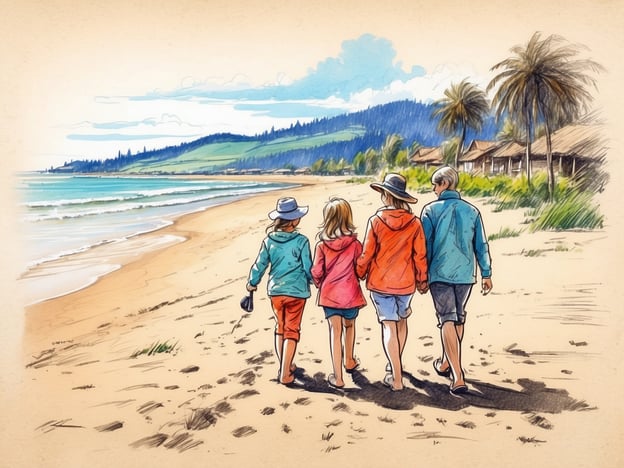 Eine Familie mit zwei Erwachsenen und zwei Kindern spaziert am Strand von Sierksdorf. Die Personen tragen bunte Outdoorsachen und Sonnenschutz, während sie am Ufer entlang gehen. Im Hintergrund sind sanfte Hügel und kleine Hütten zu sehen, umgeben von Palmen. Das Meer plätschert sanft gegen den Strand unter einem klaren Himmel mit wenigen Wolken.