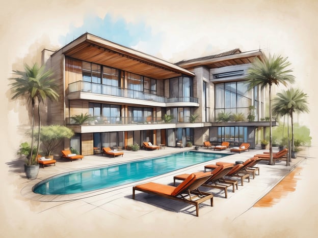 Auf dem Bild ist ein modernes Hotelgebäude mit einem Außenbereich zu sehen. Es gibt einen einladenden Swimmingpool, der von eleganten Liegen mit orangefarbenen Auflagen umgeben ist. Die Architektur des Hotels ist zeitgemäß, mit großen Fenstern, die viel Licht hineinlassen und einen Blick auf die Natur bieten. Palmen und Grünpflanzen verleihen der Umgebung eine tropische Atmosphäre.
Zu den Einrichtungen des Hotels gehören eine Lounge-Area um den Pool, die ideal zum Entspannen ist, sowie möglicherweise weitere Services wie Zimmerservice, ein Spa oder gastronomische Angebote, die Gästen einen komfortablen Aufenthalt ermöglichen.