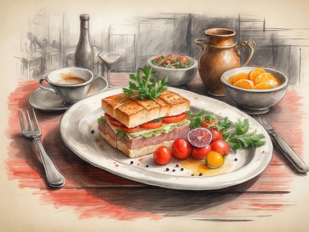 Auf dem Bild ist ein ansprechend zubereitetes Gericht zu sehen, das kulinarische Erlebnisse im Hotel verkörpert. Es handelt sich um ein Sandwich mit frischen Zutaten wie Tomaten und möglicherweise Fleischschichten, die zwischen knusprigem Brot liegen. Daneben findet sich eine bunte Beilage aus kleinen Tomaten und Kräutern, die dem Gericht Frische verleihen.
Zusätzlich sind verschiedene Getränke und eine fruchtige Nachspeise vorhanden, was auf eine abwechslungsreiche und genussvolle Mahlzeit hinweist. Solche Erlebnisse im Hotel bieten Gästen die Möglichkeit, sich nicht nur kulinarisch verwöhnen zu lassen, sondern auch die Atmosphäre und den Service zu genießen.