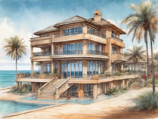 Auf dem Bild ist ein luxuriöses Hotel oder eine Villa am Meer zu sehen. Die Architektur ist elegant und großzügig mit vielen großen Fenstern, die einen herrlichen Blick auf das Wasser ermöglichen.
Besonderheiten des Hotels sind die prächtigen Palmen, die die Umgebung schmücken, sowie ein einladender Außenpool, der sich harmonisch in die Landschaft einfügt. Die Terrassen und Balkone bieten ideale Plätze zum Entspannen und Genießen der Aussicht. Der großzügige Eingang mit Treppen und landschaftlicher Gestaltung vermittelt ein Gefühl von Exklusivität und Komfort.