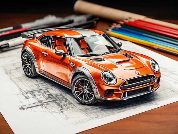 Auf dem Bild ist ein orangefarbenes Modellauto zu sehen, das auf einem Skizzenblatt platziert ist. Die detaillierte Darstellung des Autos erinnert an die präzisen Miniaturen, die im Miniatur Wunderland in Hamburg zu finden sind.Das Miniatur Wunderland, das 2001 eröffnet wurde, ist die größte Modelleisenbahn der Welt und zieht Besucher mit seinen detailgetreuen Nachbildungen von Städten, Landschaften und auch Verkehrsszenarien in den Bann. Die Liebe zum Detail und die geschickte Verarbeitung der Miniaturwelten könnten sich in dieser detailreichen Darstellung des Modellautos widerspiegeln, das ebenfalls in einer künstlerischen Weise in Szene gesetzt ist.