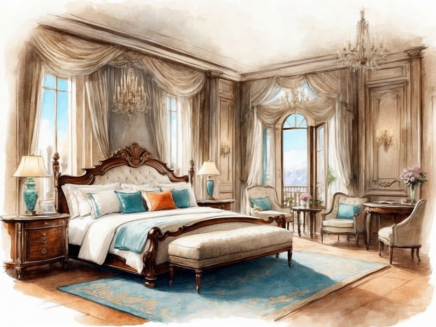 Auf dem Bild ist ein luxuriöses Schlafzimmer zu sehen, das elegant und komfortabel eingerichtet ist. Es gibt ein großes, einladendes Bett mit aufwendiger Bettwäsche in sanften Farben, das im Mittelpunkt des Raumes steht.
Die Fenster lassen viel Tageslicht herein und bieten einen wunderschönen Ausblick auf die Berge. Kleine Nachttische mit stilvollen Lampen flankieren das Bett, während ein bequemer Sessel und ein Tisch in der Ecke einen gemütlichen Platz zum Entspannen bieten.
Zudem sind schöne Dekorationselemente wie Blumenarrangements und edle Möbelstücke vorhanden, die den Raum gemütlich und einladend machen. Die insgesamt helle und freundliche Atmosphäre lädt dazu ein, sich zu entspannen und zu erholen.