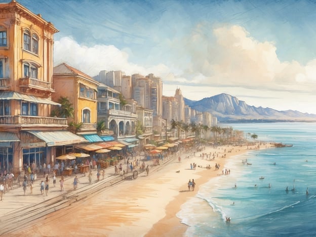 Auf dem Bild ist eine malerische Küstenlandschaft zu sehen. Im Vordergrund erstreckt sich ein schöner Strand mit Menschen, die im Wasser baden oder am Ufer spazieren gehen.
Rechts sind einige kleine Boote auf dem Wasser sichtbar. Neben dem Strand befinden sich zahlreiche bunte Gastwirtschaften und Cafés, die von Palmen gesäumt sind.
Im Hintergrund erheben sich hohe Gebäude, die eine städtische Atmosphäre schaffen, und hinter diesen zeigt sich ein beeindruckendes Gebirge, das die Landschaft weiter akzentuiert. Der Himmel ist klar mit einigen Wolken, was auf schönes Wetter hindeutet.