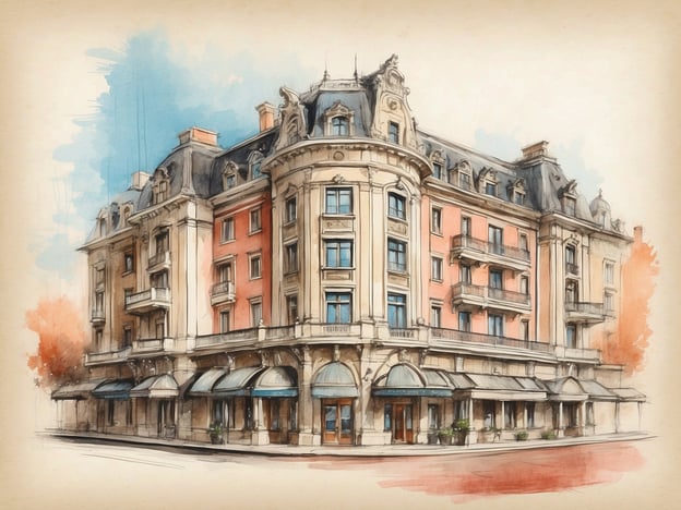 Auf dem Bild ist eine stilisierte Darstellung eines eleganten Hotels zu sehen. Das Gebäude hat eine ansprechende Architektur mit einem Mix aus klassischen und modernen Elementen, darunter Erker, Balkone und kunstvolle Verzierungen. Die Farbgebung reicht von sanften Tönen bis zu lebhafteren Akzenten, was ihm einen einladenden und charmanten Charakter verleiht.
Die Geschichte von Hotels wie diesem könnte in der Zeit des 19. Jahrhunderts beginnen, als der ReisTourismus begann zu florieren. Solche Etablissements boten nicht nur Unterkunft, sondern auch einen Ort der Begegnung für Reisende, Geschäftsleute und Künstler. Oft waren sie Zentren des gesellschaftlichen Lebens, wo wichtige Ereignisse stattfanden, und sie zeigten den Reichtum und die Kultur der jeweiligen Stadt. Ein Hotel dieser Art könnte also eine Vielzahl von Geschichten und Erinnerungen beherbergen, von vergnüglichen Nächten bis hin zu bedeutenden geschichtlichen Momenten.