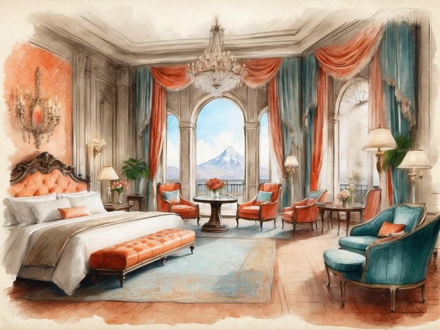 Auf dem Bild ist ein elegantes Hotelzimmer zu sehen, das eine luxuriöse und stilvolle Atmosphäre vermittelt. Die Hauptmerkmale sind:
- **Bett**: Ein großes, elegant gestaltetes Bett mit hochwertigen Kopfteil und dekorativen Kissen.
- **Sitzmöglichkeiten**: Mehrere komfortable Sessel und eine Couch, die zum Entspannen einladen.
- **Tisch**: Ein kleiner Tisch in der Mitte, ideal für Tee oder Snacks.
- **Dekoration**: Stilvolle Vorhänge und Wandlampen schaffen eine gemütliche Stimmung.
- **Ausblick**: Große Fenster bieten einen schönen Ausblick auf eine Berglandschaft, was den Raum zusätzlich attraktiv macht.
Zusammenfassend bietet dieses Zimmer eine Kombination aus Komfort, Eleganz und einem schönen Ausblick, ideal für einen erholsamen Aufenthalt.