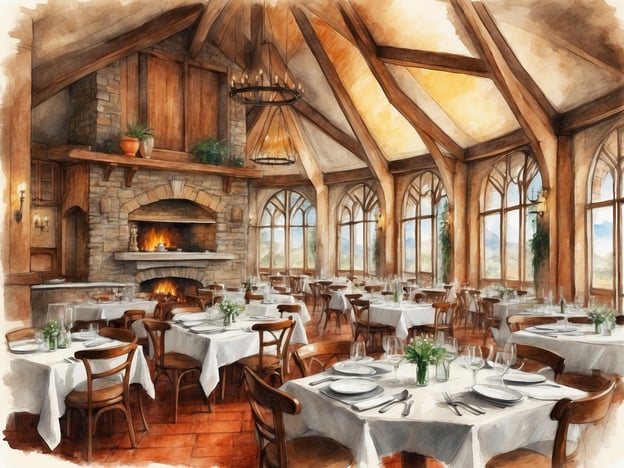 Das Bild zeigt ein rustikal elegantes Restaurant mit einem gemütlichen Ambiente. Die großen Fenster bieten einen herrlichen Blick auf die Natur und lassen viel Tageslicht herein. Ein offener Kamin sorgt für eine warme, einladende Atmosphäre, ideal für kulinarische Erlebnisse.Die Tische sind liebevoll eingedeckt, mit weißen Tischdecken und kleinen Blumenarrangements, was eine stilvolle Note verleiht. In einem solchen Lodge-Restaurant könnte man sich auf regionale Spezialitäten freuen, vielleicht eine Menüauswahl mit frischen, saisonalen Zutaten in einer entspannten Umgebung. Solch ein Ort lädt dazu ein, die Speisen in vollen Zügen zu genießen und unvergessliche Momente zu erleben.