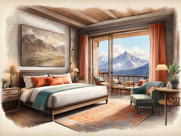 Auf dem Bild ist ein stilvolles Zimmer zu sehen, das an die Zimmer und Suiten im Casa Andina Standard Machu Picchu erinnert. Es zeigt ein modernes Interieur mit einem komfortablen Bett, das mit hellen und warmen Stoffen dekoriert ist. Die großen Fenster bieten einen spektakulären Blick auf die umliegenden Berge, was die natürliche Schönheit der Region unterstreicht. Die Möbel sind in warmen Holz- und sanften Farbtönen gehalten, ergänzt durch gemütliche Sitzecken und dekorative Elemente wie Pflanzen und Kunstwerke an den Wänden. Die overall Atmosphäre vermittelt ein Gefühl von Ruhe und Eleganz.