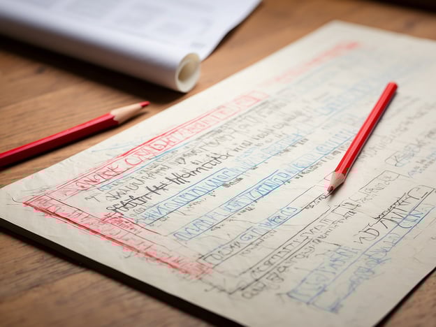 Auf dem Bild ist ein Blatt Papier zu sehen, das mit verschiedenen Farben (hauptsächlich blau und rot) beschrieben ist. Es scheint, als wären darauf Notizen oder eine Art Skizze angefertigt. Ein roter Bleistift liegt daneben, was darauf hindeutet, dass es sich um kreative oder analytische Arbeit handelt. Im Hintergrund ist ein weiterer, gefalteter Zettel sichtbar.### Tipps für Besucher:1. **Vorbereitung**: Wenn du an kreativen Projekten arbeitest, bring genügend Schreibmaterialien mit. Farbstifte oder Marker können helfen, Ideen klarer darzustellen.2. **Arbeitsplatz**: Suche dir einen ruhigen Ort, um konzentriert arbeiten zu können. Genügend Tageslicht kann die Kreativität fördern.3. **Notizen machen**: Halte deine Gedanken und Ideen schriftlich fest, um sie später leichter nachvollziehen zu können.4. **Reflexion**: Nimm dir Zeit, um deine Notizen und Skizzen zu überdenken, bevor du mit weiteren Schritten fortfährst.Viel Erfolg bei deiner kreativen Arbeit!