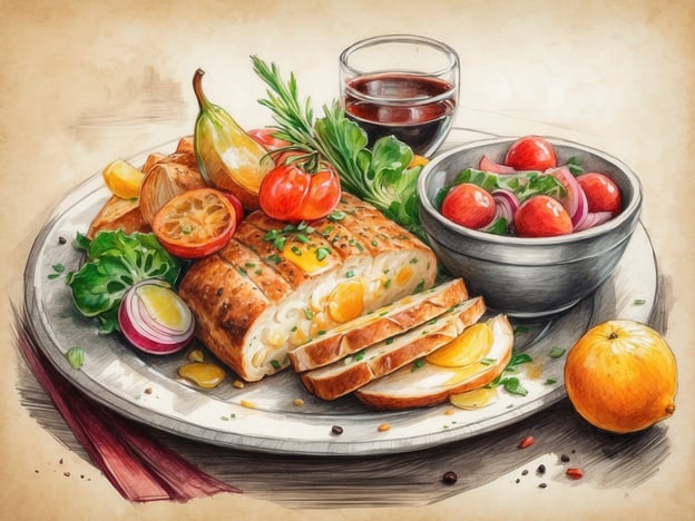 Auf dem Bild sehen wir ein eindrucksvolles kulinarisches Arrangement. Im Mittelpunkt steht ein saftiger Braten, kunstvoll in Scheiben geschnitten und gefüllt mit Eiern und feinen Kräutern. Um den Braten herum sind verschiedene lokale Köstlichkeiten angerichtet: frische, bunte Cherry-Tomaten, etwas knackiger Salat und aromatische Kräuter, die dem Teller zusätzliche Frische verleihen.
Dazu gibt es eine Schale mit einem bunten Salat, der vermutlich aus knackigem Gemüse und roten Zwiebeln besteht. Esteheun komplementiert das Gericht ein Glas tiefroter Wein, das ideal zum herzhaften Braten passt. Außerdem liegt eine saftige Orange auf dem Teller, die das Gericht mit einer fruchtigen Note abrundet. Diese Zusammenstellung bietet eine wunderbare Kombination aus Aromen und Texturen und spiegelt die Vielfalt der regionalen Küche wider.