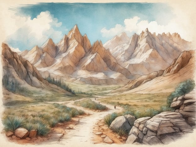 Auf dem Bild ist eine beeindruckende Berglandschaft zu sehen, die von hohen, majestätischen Gipfeln und sanften Hügeln umgeben ist. Der Himmel ist blau mit einigen Wolken, was einer warmen, klaren Wetterlage entspricht.
In der Umgebung gibt es einige spannende Erkundungsmöglichkeiten:
1. **Wanderungen:** Die schmalen Pfade laden dazu ein, die Berge und Täler zu erkunden. Es gibt viele Wanderwege für unterschiedlich erfahrene Wanderer.
2. **Fotografie:** Die atemberaubende Kulisse bietet fantastische Möglichkeiten für Landschaftsfotografie, besonders während des Sonnenauf- oder -untergangs.
3. **Tierbeobachtung:** In der Gegend könnten verschiedene Tierarten leben, wie z.B. Vögel oder Wildtiere, die man beobachten kann.
4. **Botanische Erkundung:** Die Pflanzenvielfalt, wie Sträucher und Gräser, könnte interessante Anhaltspunkte für botanische Entdeckungen bieten.
5. **Camping:** Es könnte möglich sein, in der Nähe ein Zelt aufzuschlagen und die Ruhe der Natur zu genießen.
Diese Umgebung bietet viele Abenteuer und die Möglichkeit, die Natur hautnah zu erleben.