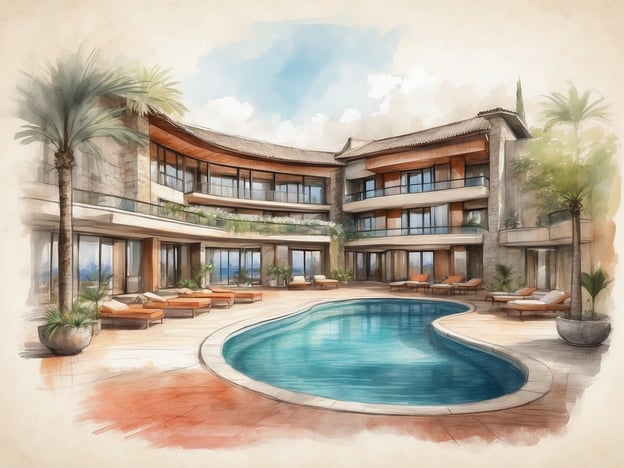 Auf dem Bild ist eine künstlerische Darstellung eines modernen Resorts oder Hotels zu sehen, das möglicherweise zum Centro By Casa Andina gehört. Im Vordergrund befindet sich ein geschwungener Pool, umgeben von Liegen und Pflanzen. Die Architektur ist elegant, mit großen Fenstern und Holzdetails, die eine einladende Atmosphäre schaffen. Die Umgebung scheint tropisch zu sein, mit Palmen und einer hellen, luftigen Farbgebung, die ein Gefühl von Luxus und Entspannung vermittelt.
Das Centro By Casa Andina legt vermutlich Wert auf einen hohen Komfort und bietet den Gästen eine entspannte Atmosphäre, ideal für Erholung und Urlaub.