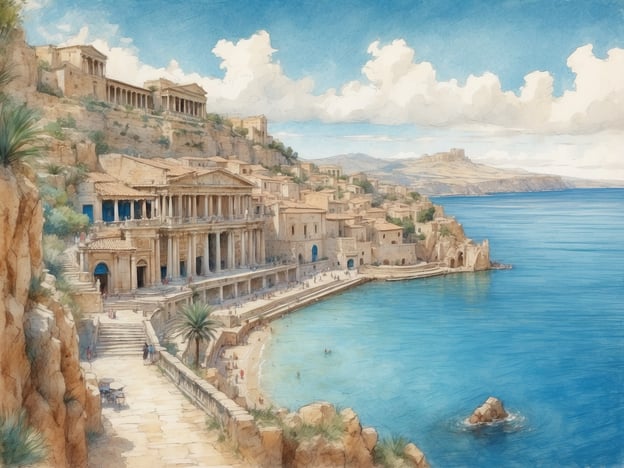 Eine malerische Küstenlandschaft in Sizilien mit antiken Ruinen, die majestätisch auf einem Hügel thronen. Im Vordergrund ist eine blaue Bucht mit klarem Wasser und einem feinen Sandstrand zu sehen, wo Menschen entspannt baden und die Sonne genießen. An den Ufern stehen alte Gebäude mit klassischen Säulen und Terrassen, umgeben von üppigem grünem Bewuchs. Der Himmel ist hellblau mit einigen weißen Wolken, die sanft über die Szene ziehen. Im Hintergrund erheben sich weitere Berge, während das azurblaue Meer sanft gegen die Küste plätschert.