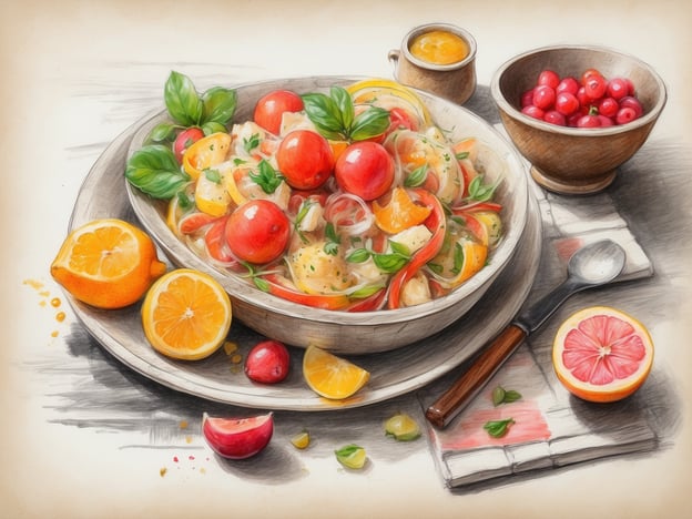 Auf dem Bild ist eine bunte und einladende Salatschüssel zu sehen, die mit frischen Zutaten gefüllt ist, darunter Tomaten, Zitrusfrüchte und Kräuter. Die leuchtenden Farben der Früchte und das harmonische Arrangement laden zum Genießen ein. Um die Schüssel herum sind weitere Zitrusfrüchte und eine kleine Schüssel mit dunklen Beeren platziert, die das Bild abrunden.
Diese Kulinarischen Genüsse wecken die Vorfreude auf ein frisch zubereitetes Gericht, das nicht nur lecker ist, sondern auch für momente der Entspannung sorgt. Es könnte eine perfekte Ergänzung für einen sonnigen Tag im Freien oder ein geselliges Beisammensein mit Freunden sein, wo das gemeinsame Essen und der Austausch im Vordergrund stehen.