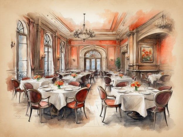 Auf dem Bild ist ein elegantes Restaurant zu sehen, das mit stilvollen Tischen und Stühlen ausgestattet ist. Die Tische sind schön eingedeckt, wahrscheinlich für ein feines Dinner oder ein besonderes Event. Die floralen Arrangements auf den Tischen verleihen dem Raum eine ansprechende Atmosphäre, während die großen Fenster viel Tageslicht hereinlassen und einen Blick nach draußen ermöglichen.
Die innere Gestaltung mit hohen Decken und opulenten Lampen trägt zur Atmosphäre bei und macht es zu einem idealen Ort für kulinarische Highlights. Hier könnten exquisite Gerichte serviert werden, die mit größter Sorgfalt zubereitet werden – von delikaten Vorspeisen bis hin zu kunstvoll angerichteten Hauptgerichten und verführerischen Desserts. Es scheint ein perfekter Ort für ein gehobenes gastronomisches Erlebnis zu sein.