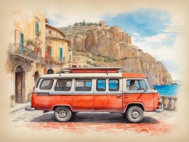 Ein roter Oldtimer-Bus steht auf einer malerischen Küstenstraße in Sizilien. Im Hintergrund sind beeindruckende Felsen und ein klarer, blauer Himmel zu sehen. Die Architektur der umliegenden Gebäude ist mediterran, mit bunten Fensterläden und blühenden Pflanzen. Der Bus hat ein klassisches Design und erinnert an vergangene Zeiten. Die Szenerie strahlt eine entspannte, urlaubsartige Atmosphäre aus, die die Vielfalt und Schönheit der sizilianischen Landschaft einfängt.