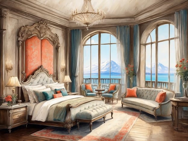 Auf dem Bild ist ein elegantes Hotelzimmer zu sehen, das luxuriös gestaltet ist. Es bietet ein großes Bett mit aufwändigem Kopfteil, komfortable Sitzgelegenheiten sowie große Fenster, die eine beeindruckende Aussicht auf eine Landschaft mit Bergen und Wasser zeigen. Die Dekoration kombiniert sanfte Farben und eine opulente Ausstattung, die eine entspannende und ansprechende Atmosphäre schafft.
### Überblick über AltaVista CasaHotel:
Das AltaVista CasaHotel ist bekannt für seine stilvollen und komfortablen Unterkünfte. Es bietet eine Mischung aus modernem Luxus und traditioneller Eleganz. Die Zimmer sind oft mit hochwertigen Möbeln und kunstvollen Akzenten ausgestattet, um Gästen ein unvergessliches Erlebnis zu bieten. Viele Zimmer bieten zudem atemberaubende Ausblicke auf die umliegende Natur, was den Aufenthalt besonders attraktiv macht. Das Hotel legt Wert auf hervorragenden Service und eine einladende Atmosphäre, die den Gästen ein Gefühl von Zuhause vermittelt.