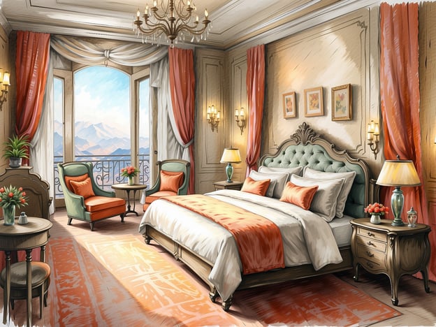 Auf dem Bild ist ein elegant eingerichtetes Hotelzimmer zu sehen, das mit einem großen Bett, bequemen Sessel und einem kleinen Tisch ausgestattet ist. Die Gestaltung ist stilvoll mit sanften Farben und einem schönen Ausblick auf die Berge durch große Fenster.
Mögliche Zimmeroptionen im AltaVista CasaHotel könnten wie folgt aussehen:
1. **Deluxe Doppelzimmer**: Geräumig mit Blick auf die Berge und hochwertiger Ausstattung.
2. **Junior Suite**: Bietet zusätzlichen Platz mit einem separaten Wohnbereich.
3. **Familienzimmer**: Ideal für Familien mit mehreren Betten und mehr Platz.
4. **Romantikzimmer**: Für Paare, ausgestattet mit besonderen Annehmlichkeiten.
Alle Zimmer bieten eine komfortable und stilvolle Atmosphäre für einen entspannten Aufenthalt.