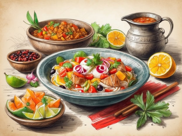 Auf dem Bild sind verschiedene kulinarische Leckereien zu sehen, die an die Küche der Casa Andina Hotels erinnern. Es gibt eine bunte, frische Salatvariation, die mit Gemüse, Kräutern und möglicherweise Fisch oder Fleisch zubereitet ist. Dazu liegen exotische Früchte wie Orangen und Limetten, die die Speisen ergänzen.
Die Vielfalt der Zutaten spiegelt die Fakultät der peruanischen Küche wider, bekannt für ihre Aromen und Farben. In den Casa Andina Hotels werden oft traditionelle Gerichte serviert, die lokale Zutaten und kulinarische Techniken nutzen, um ein authentisches Geschmackserlebnis zu bieten.