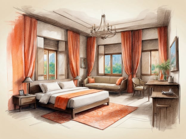 Auf dem Bild ist ein gemütliches Hotelzimmer zu sehen, das möglicherweise dem Casa Andina Standard Nasca ähnelt. Der Raum ist hell und freundlich dekoriert, mit großen Fenstern, die viel Tageslicht hereinlassen und einen Blick auf die umliegende Landschaft bieten.
Die Einrichtung besteht aus einem Doppelbett mit frischen weißen Bettbezügen und einem orangefarbenen Überwurf. An den Fenstern hängen kräftige, orangefarbene Vorhänge, die dem Raum Wärme verleihen. Neben dem Bett stehen Nachttische, und es gibt eine Sitzecke mit einem Sofa und einem Stuhl. Ein kleiner Tisch und einige Pflanzen sorgen für eine angenehme Atmosphäre.
Insgesamt vermittelt der Raum ein einladendes und komfortables Ambiente, ideal für Reisende, die eine entspannte Auszeit suchen.