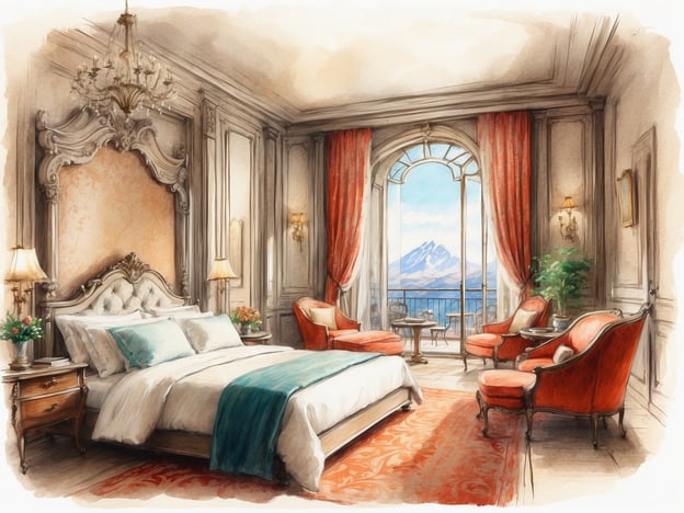 In unserem Zimmer können Sie eine elegante und luxuriöse Atmosphäre erleben. Es verfügt über ein großes, bequemes Bett mit einer stilvollen Kopfzeile und weichen Kissen. Die Einrichtung ist geschmackvoll mit edlen Möbeln, darunter ein Nachttisch und bequeme Sessel in einem warmen Rot.
Durch die großen Fenster genießen Sie einen atemberaubenden Ausblick auf die Berge, während die sanften Vorhänge und die kunstvollen Leuchten eine gemütliche Stimmung schaffen. In einem kleinen Bereich steht ein Tisch für entspannte Momente. Pflanzen sorgen für einen Hauch von Frische und Lebendigkeit in diesem ansprechenden Raum.