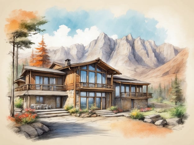 Auf dem Bild ist eine künstlerische Darstellung eines großen, modern gestalteten Chalets oder Hauses in einer naturnahen Umgebung zu sehen. Im Hintergrund sind majestätische Berggipfel zu erkennen, während im Vordergrund Pflanzen und ein Weg zum Eingang des Hauses deutlich sichtbar sind.Die Casa Andina Hotels sind eine bekannte Hotelkette in Peru, die für ihre Gastfreundschaft und den authentischen peruanischen Stil bekannt ist. Die Hotels bieten eine komfortable und ansprechende Unterkunft in verschiedenen Regionen des Landes, darunter auch in der Nähe von kulturellen und touristischen Attraktionen. Casa Andina legt Wert auf lokale Kultur, Komfort und Service, was ihrem Image als erstklassige Wahl für Reisende in Peru beiträgt.