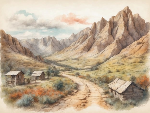 Auf dem Bild sieht man eine malerische Landschaft mit kahlen Bergen im Hintergrund und einer sanften Straße, die durch eine prairieähnliche Umgebung führt. Am Straßenrand stehen einige alte, einfache Hütten.In der Nähe könnten Aktivitäten wie Wandern oder Radfahren in den Bergen genossen werden. Außerdem gibt es möglicherweise Sehenswürdigkeiten wie Nationalparks oder Aussichtspunkte, von denen aus man die beeindruckende Landschaft bewundern kann. Solche Gebiete sind oft auch ideal zum Tierbeobachten oder für Picknicks in der Natur.