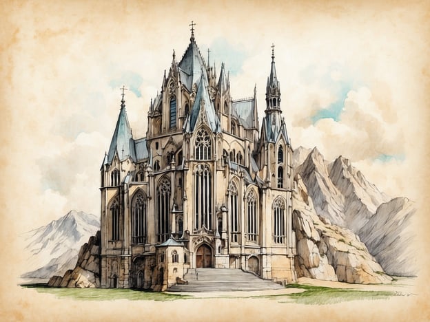 Auf dem Bild ist ein imposantes, gotisches Gebäude zu sehen, das architektonisch an eine Kathedrale erinnert. Die Fassade ist reich verziert mit filigranen Verzierungen und großen, spitzen Fensterbögen, die typisch für den gotischen Stil sind. Die Türme sind hoch und schmal, mit spitzen Helmen, die zur himmlischen Ausrichtung des Gebäudes beitragen.Die Architektur zeichnet sich durch eine Kombination aus stabilen Steinsäulen und filigranen Elementen aus, die in den Himmel streben. Besonders auffällig sind die verschiedenen Dachformen und die kunstvollen Details der Fenster, die dem Bauwerk eine majestätische Ausstrahlung verleihen.Die Umgebung ist ländlich, mit Bergen im Hintergrund, was dem Bild eine dramatische und erhaben wirkende Kulisse verleiht. Die Farbgebung in sanften Tönen unterstreicht die historische und romantische Stimmung dieser Architektur.
