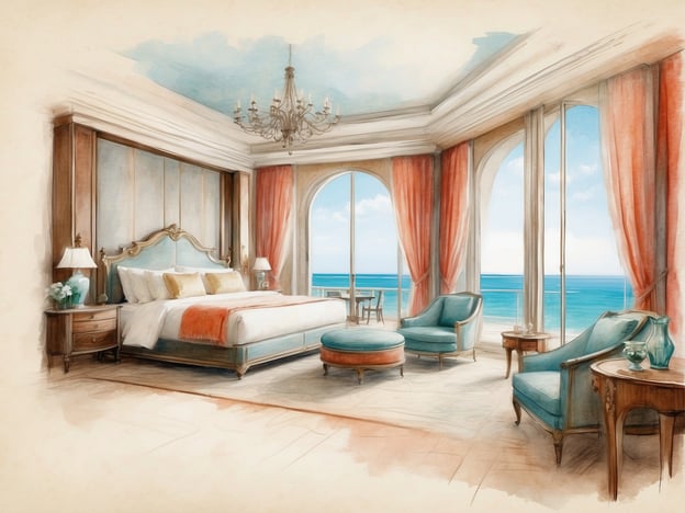 Auf dem Bild ist ein elegantes Schlafzimmer mit Meerblick zu sehen. Die Ausstattung umfasst ein großes, bequemes Bett mit einer gepolsterten Kopfstütze und Kissen. An den Seiten stehen Nachttische mit Lampen und Blumenvasen.
Die großen Fenster mit Vorhängen aus rötlichem Stoff ermöglichen einen Blick auf das Wasser. Der Raum ist mit einem Kronleuchter und sanften Farben dekoriert, was ihn hell und einladend macht. In der Ecke des Zimmers stehen zwei stilvolle Sessel und ein kleiner Tisch, ideal für entspannte Momente. Zudem gibt es einen kleinen Tisch im Hintergrund, der den Blick auf den Strand ergänzt. Insgesamt strahlt das Zimmer eine luxuriöse und komfortable Atmosphäre aus.