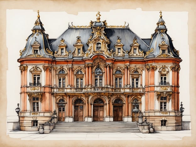 Auf dem Bild ist ein prächtiges Gebäude zu sehen, das an eine barocke Architektur erinnert. Die Fassade ist in einem eleganten Farbton gehalten, der mit goldenen Verzierungen geschmückt ist, was dem Gebäude einen opulenten Charakter verleiht.Besondere Merkmale sind die geschwungenen Dächer mit ineinander übergehenden Formen, die dekorativen Fensterrahmen und die beeindruckenden Eingangsportale, die durch die breiten Treppenstufen hervorgehoben werden.Die Kombination aus kunstvollen Details und imposanten architektonischen Elementen macht dieses Gebäude zu einem auffälligen Beispiel historischer Baukunst, das sicherlich als Sehenswürdigkeit oder Denkmal betrachtet werden kann.