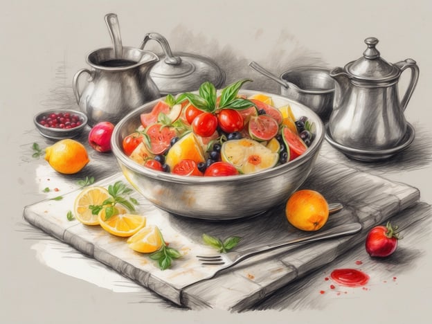 Auf dem Bild ist eine appetitliche Obstschale zu sehen, die eine Vielzahl an frischen Früchten enthält, darunter Kirschen, Trauben, Orangen, Zitronen und Tomaten. Der bunte Obstmix vermittelt das Gefühl von Sommerfrische und gesunder Ernährung.
Um die Obstschale herum stehen silberne Kännchen und Schalen, die möglicherweise für die Präsentation einer delikaten Sauce oder eines hausgemachten Dressings gedacht sind. Dies erinnert an ein elegantes gastronomisches Erlebnis, bei dem frische Zutaten im Vordergrund stehen.
Die liebevolle Anrichtung und die Verwendung von Kräutern, wie Minze, rundet das Bild ab und lässt an ein gehobenes Frühstück oder ein gesundes Dessert denken. So könnte ein Besuch in einem feinen Restaurant oder ein gemütliches Brunch mit Freunden entstehen.