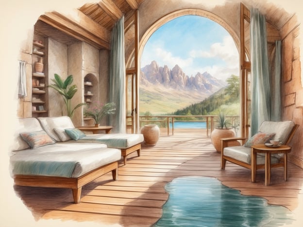 Auf dem Bild ist ein einladender Raum zu sehen, der sich perfekt für Freizeit- und Wellnessangebote eignet. Es gibt gemütliche Liegen, die zum Entspannen einladen, sowie einen wunderschönen Ausblick auf die Berge und den See. Die großen Fenster sorgen für viel Tageslicht und eine Verbindung zur Natur.
Durch die harmonische Einrichtung und die ruhige Atmosphäre könnte dieser Raum ideal für Yoga, Meditation oder Wellnessanwendungen wie Massagen genutzt werden. Eine Tasse Tee oder Kaffee auf dem kleinen Tisch ergänzt das entspannende Ambiente. Der Poolbereich im Raum könnte zudem für erfrischende Schwimmübungen oder Entspannungsstunden genutzt werden.