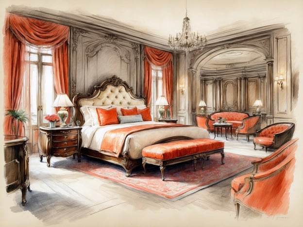 Auf dem Bild ist ein luxuriöses Schlafzimmer zu sehen, das stilvoll eingerichtet ist. Die besonderen Annehmlichkeiten und Serviceleistungen umfassen:
1. **Elegantes Design**: Die Möbel sind aus edlem Holz und bieten Komfort und Stil.
2. **Bequeme Bettwäsche**: Das große Bett ist mit hochwertigen Kissen und Bettdecken ausgestattet.
3. **Sitzmöglichkeiten**: Eine gemütliche Sitzecke mit eleganten Sesseln und einem kleinen Tisch lädt zur Entspannung ein.
4. **Kapazität für Pflanzen**: Durch die Fenster gelangt viel Licht in den Raum, was die frischen Pflanzen und Blumen betont.
5. **Dekorative Elemente**: Luxuriöse Vorhänge und ein Kronleuchter verleihen dem Raum einen Hauch von Eleganz.
6. **Rabatte auf längerfristige Buchungen**: Solche Räumlichkeiten bieten oft spezielle Angebote für längere Aufenthalte.
Insgesamt strahlt der Raum eine Atmosphäre von Luxus und Komfort aus.