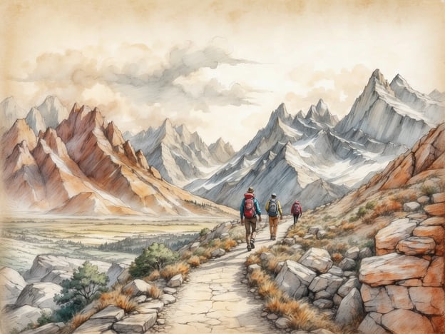 Auf dem Bild sind Wanderer auf einem schmalen Pfad, der durch eine beeindruckende bergige Landschaft führt. Die Berge im Hintergrund sind majestätisch und bieten eine atemberaubende Kulisse.
In einer solchen Umgebung gibt es zahlreiche Aktivitäten und Ausflugsmöglichkeiten. Wanderungen und Bergtouren sind ideal, um die Natur zu erkunden und die frische Luft zu genießen. Viele Regionen bieten gut ausgebaute Wanderwege für verschiedene Schwierigkeitsgrade.
Weitere mögliche Aktivitäten könnten folgende sein:
1. **Klettertouren**: Für Abenteuerlustige gibt es Möglichkeiten zum Klettern oder Bouldern in der Nähe von Felsen.
2. **Naturbeobachtungen**: Die Gegend könnte Heimat für viele Tierarten sein, die man beobachten kann, wie beispielsweise Adler oder Rehe.
3. **Fotografie**: Die beeindruckenden Landschaften und der vielfältige Pflanzenwuchs eignen sich hervorragend für Fotografie-Enthusiasten.
4. **Picknicken**: An malerischen Plätzen kann man eine Pause einlegen und ein Picknick genießen.
5. **Camping**: In einigen Regionen könnte man auch zelten und die Nächte unter dem Sternenhimmel verbringen.
Diese Aktivitäten machen die Umgebung ideal für Naturliebhaber und Bewegungsfreudige.