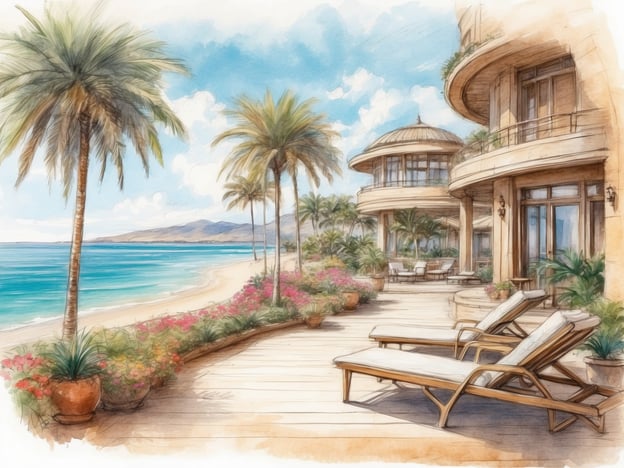 Auf dem Bild ist eine malerische Ansicht eines luxuriösen Resorts zu sehen, vermutlich mit Blick auf das Meer. Eine großzügige Terrasse mit Liegen, umgeben von Palmen und blühenden Pflanzen, bietet einen entspannenden Ausblick auf den Strand und das Wasser.
Das Casa Andina Select Zorritos ist ein beliebtes Hotel in Peru, das sich direkt am Strand von Zorritos befindet. Es bietet luxuriöse Unterkünfte mit modernen Annehmlichkeiten und einen hervorragenden Service. Gäste können sich auf eine Vielzahl von Freizeitaktivitäten freuen, darunter Wassersport, Pools und kulinarische Erlebnisse. Die malerische Umgebung und die entspannende Atmosphäre machen es zu einem idealen Ort für Erholung und Abenteuer.