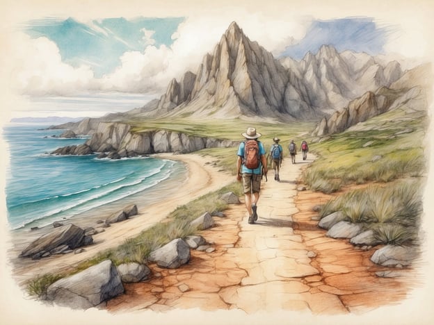 Auf dem Bild sieht man eine Gruppe von Wanderern, die einen malerischen Küstenweg entlanggehen. Die beeindruckende Gebirgslandschaft im Hintergrund und das glitzernde Wasser des Meeres schaffen eine wunderschöne Kulisse.
In dieser Umgebung könnten die Wanderer verschiedene Aktivitäten genießen, wie zum Beispiel:
- **Wanderungen** entlang der Küste, um die atemberaubende Natur zu erkunden.
- **Schwimmen oder Schnorcheln** im klaren Wasser, um die marine Tierwelt zu entdecken.
- **Picknicks** am Strand, um die Aussicht und die frische Luft zu genießen.
- **Fotografie** der beeindruckenden Landschaft und der Felsen.
- **Vogelbeobachtung**, da die Küstenregionen oft Lebensräume für verschiedene Vogelarten bieten.
Solche Erlebnisse würden die Schönheit der Natur in vollem Umfang zur Geltung bringen und den Wanderern unvergessliche Erinnerungen bescheren.