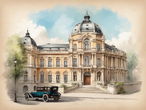 Auf dem Bild ist ein historisches Gebäude zu sehen, das möglicherweise an den Palais Hansen in Wien erinnert. Der Palais Hansen wurde im Jahr 1873 erbaut und ist ein Beispiel für den eklektischen Stil des 19. Jahrhunderts. Ursprünglich als Hotel für die Weltausstellung konzipiert, diente es später als Wohngebäude und wird heute als Hotel genutzt.Die charakteristische Architektur, mit ihren prächtigen Fassaden und dem markanten Kuppeldach, spiegelt die Pracht der damaligen Zeit wider. An der Vorderseite des Gebäudes sind auch Stufen zu erkennen, die zu einem großen Eingang führen, was typisch für die eindrucksvollen Bauwerke dieser Epoche ist.Das Bild zeigt zudem ein klassisches Auto aus früherer Zeit, das die Nostalgie und den historischen Charme der Umgebung unterstreicht. Beleuchtungselemente und begrüntes Umfeld tragen zum eleganten Gesamtbild bei, das die Atmosphäre des alten Wien verkörpert.
