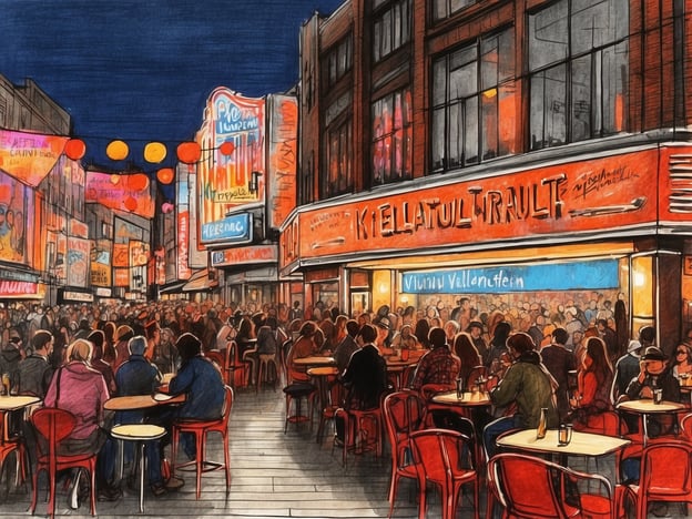Auf dem Bild ist eine lebhafte Straßenszene bei Nacht zu sehen, die von bunten Lichtern und Neonschildern beleuchtet wird. Viele Menschen sitzen an Tischen und genießen ihr Essen oder Getränke, was auf ein gesellschaftliches Event hinweist, bei dem sich Menschen aus verschiedenen Kulturen versammeln.Die Atmosphäre wirkt festlich und einladend, während die bunten Lampions eine warme Stimmung schaffen. Solche Szenerien sind oft bei kulturellen Festivals oder Feierlichkeiten zu finden, wo gastronomische Vielfalt und geselliges Miteinander im Mittelpunkt stehen. Der Ort scheint ein beliebtes Ziel zu sein, wo die Menschen gemeinsam eine gute Zeit verbringen.