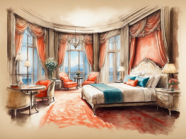 Auf dem Bild ist ein luxuriöses Schlafzimmer zu sehen, das Eleganz und Stil ausstrahlt. Die großen Fenster lassen viel Licht hinein und bieten einen atemberaubenden Ausblick auf die Umgebung. Die Einrichtung ist opulent, mit einem großen, einladenden Bett und stilvollen Möbeln, die eine angenehme Atmosphäre schaffen.Zu den luxuriösen Aktivitäten, die in solch einer Unterkunft möglich sind, gehören entspannende Momente in der komfortablen Sitzecke, wo man bei einer Tasse Tee oder Kaffee die Aussicht genießen kann. Auch ein romantisches Frühstück im Zimmer oder exklusive Spa-Behandlungen könnten Teil des Aufenthalts sein. Die Kombination aus Komfort und Ästhetik macht den Aufenthalt zu einem unvergesslichen Erlebnis.