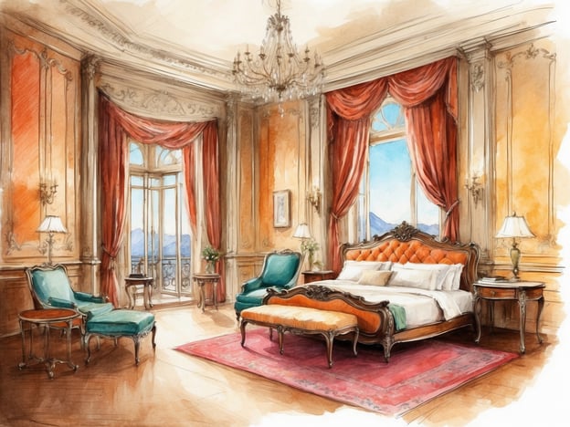 Auf dem Bild ist ein luxuriös eingerichtetes Zimmer zu sehen. Es handelt sich um eine elegante Suite mit einem großen, opulenten Bett, das mit hochwertigen Kissen bedeckt ist. Neben dem Bett stehen zarte Beistelltische und eine stilvolle Lampe. Die Wände sind mit warmen Farbtönen und dekorativen Elementen versehen.Im Raum gibt es auch zwei wunderschöne, türkisfarbene Sessel und einen kleinen Tisch. Große Fenster lassen viel Tageslicht hereinfließen und bieten einen Ausblick auf Berge. Vor den Fenstern hängen üppige Vorhänge, die den eleganten Stil des Zimmers unterstreichen. Der Boden ist mit einem dekorativen Teppich bedeckt, der das Gesamtbild harmonisch abrundet.