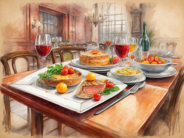 Auf dem Bild ist eine einladende Tafel in einem eleganten Restaurant zu sehen. Verschiedene kulinarische Highlights sind kunstvoll angerichtet.Im Vordergrund befindet sich ein großer Teller mit zarten Fleischstücken, garniert mit frischen Kräutern und Kirschtomaten, was ein appetitliches Hauptgericht darstellt. Neben dem Fleisch liegt ein köstlicher Auflauf oder eine Quiche mit einer goldbraunen Oberfläche und buntem Gemüse.Im Hintergrund sind verschiedene Salate und Pastagerichte in eleganten Schüsseln angerichtet, die frische und Vitalität ausstrahlen. Die Tafel wird zusätzlich von ansprechend dekorierten Gläsern mit Rot- und Weißwein sowie einer Flasche Wein auf dem Tisch geziert, was eine festliche Atmosphäre schafft.Das gesamte Arrangement vermittelt ein Gefühl von Genuss und kulinarischem Erlebnis, ideal für ein besonderes Abendessen.