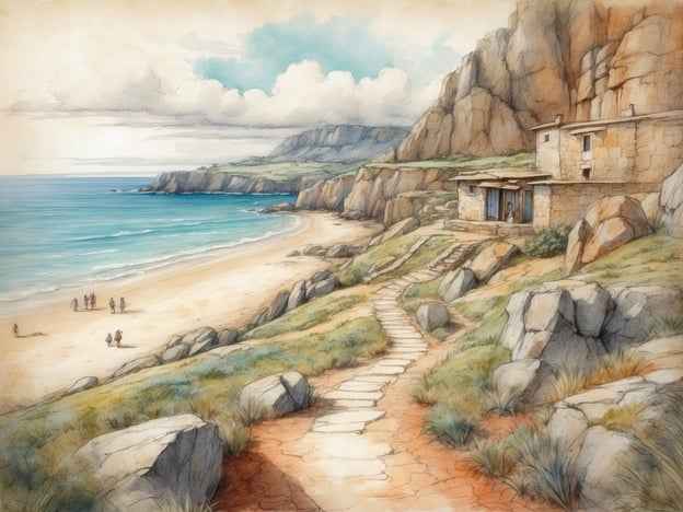 Auf dem Bild ist eine malerische Küstenlandschaft zu sehen, die von hohen Klippen und einem sanften Strand sowie einem ruhigen Meer geprägt ist. In der Umgebung könnten Aktivitäten wie Schwimmen, Sonnenbaden oder Strandspaziergänge stattfinden.Die Klippen bieten möglicherweise Wege zum Wandern und Erkundungen der Natur. Es könnte auch interessante Sehenswürdigkeiten wie Fischerdörfer oder kleine, charmante Cafés geben, wo man lokale Spezialitäten genießen kann. Darüber hinaus könnten Wassersportarten wie Kajakfahren oder Surfen beliebt sein. Das Bild vermittelt eine friedliche und idyllische Atmosphäre, ideal für einen entspannten Tag am Meer.