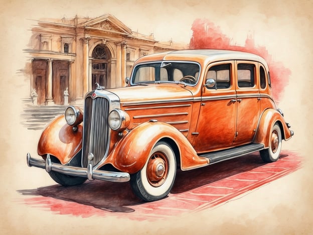 Auf dem Bild ist ein klassisches, orangefarbenes Auto aus den 1930er Jahren zu sehen, das vor einer beeindruckenden architektonischen Kulisse steht, die an das New York Palace Budapest Hotel erinnert.Das Hotel, eröffnet im Jahr 1894, war ein Symbol des Luxus und der Eleganz in Budapest. Es zog eine wohlhabende Klientel an, darunter viele berühmte Persönlichkeiten und Künstler. Während der beiden Weltkriege und unter verschiedenen politischen Regimen durchlebte das Hotel zahlreiche Veränderungen, wurde aber immer wieder liebevoll restauriert.Die Verbindung zwischen dem historischen Auto und dem Hotel symbolisiert den Charme und die Nostalgie vergangener Zeiten, als Reisen und Aufenthalt in erstklassigen Hotels ein Zeichen von Status und Raffinesse waren.