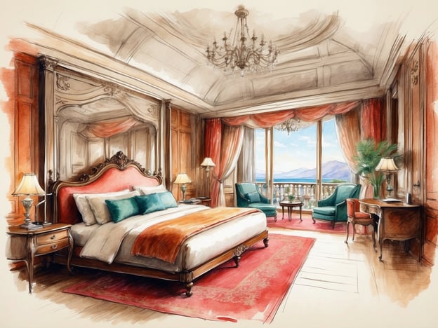 Das Bild zeigt eine luxuriöse Unterkunft, die ein elegantes Schlafzimmer darstellt. Im Vordergrund sieht man ein opulentes Bett mit reich verzierten Kopfteil, umgeben von stilvollen, geschmackvollen Möbeln. Auf den Nachttischen stehen dekorative Lampen, die das Zimmer in warmes Licht tauchen.Die Fenster bieten einen atemberaubenden Ausblick auf eine malerische Landschaft, während sanfte Vorhänge die Fenster umrahmen. In der Ecke des Raumes stehen zwei stilvolle Sessel, die zu einem gemütlichen Plätzchen einladen. Der edle Teppich und die kunstvollen Wandverzierungen verleihen dem Raum eine Atmosphäre von Eleganz und Komfort.