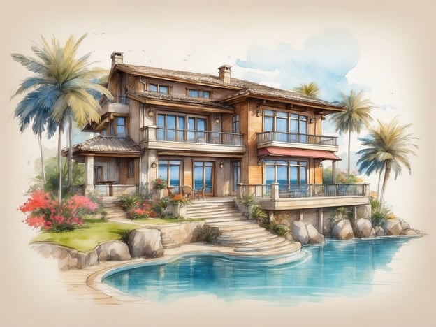 Auf dem Bild ist eine elegante Villa am Wasser zu sehen. Diese Unterkunft bietet verschiedene Zimmeroptionen, darunter:- **Luxus-Suiten** mit atemberaubendem Blick auf das Wasser und private Balkone.- **Familienzimmer**, die geräumig und komfortabel für mehrere Gäste gestaltet sind.- **Romantische Doppelzimmer**, ideal für Paare, mit hochwertiger Ausstattung und Zugang zu einem Privatbereich.Zusätzlich gibt es einen schönen Außenbereich mit einem Swimmingpool und einer Terrasse, die perfekt zum Entspannen geeignet ist. Die Umgebung ist von Palmen und blühenden Pflanzen umgeben, was eine idyllische Atmosphäre schafft.