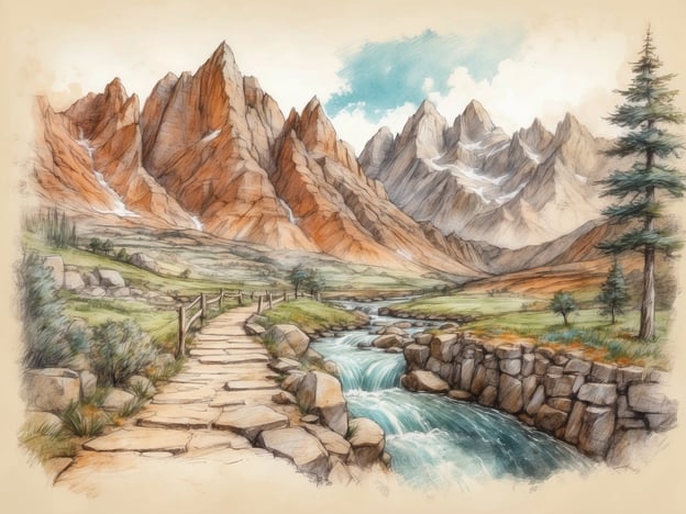 Auf dem Bild ist eine malerische Landschaft mit hohen, steilen Bergen und einem klaren, plätschernden Fluss zu sehen. Der Weg, der sich durch die Szene schlängelt, lädt ein zu Wandertouren, bei denen man die beeindruckende Natur hautnah erleben kann.In dieser Umgebung könnten Besucher zahlreiche Aktivitäten genießen, wie:- **Wandern**: Verschiedene Wanderwege führen durch die Berge und bieten atemberaubende Ausblicke.- **Fotografie**: Die landschaftliche Schönheit ist ideal für Fotografen, die unvergessliche Motive festhalten möchten.- **Vogelbeobachtung**: In dieser natürlichen Umgebung kann man viele Vogelarten entdecken.- **Entspannung am Wasser**: Am Ufer des Flusses könnte man picknicken oder einfach die Ruhe und die Geräusche der Natur genießen.Die Kombination aus Bergen, Wasser und grünen Wiesen schafft eine perfekte Kulisse für Abenteuer und Erholung in der Natur.