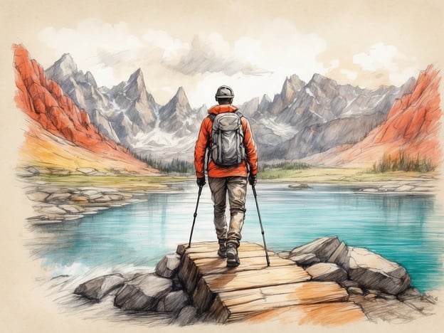 Auf dem Bild ist eine beeindruckende Landschaft zu sehen, in der ein Wanderer auf einem Holzsteig steht, der zu einem klaren See führt. Umgeben von majestätischen Bergen, die in verschiedenen Farben schimmern, könnte dies der perfekte Ort für verschiedene Aktivitäten und Abenteuer sein.Für Abenteuerlustige gibt es Möglichkeiten wie:1. **Wandern**: Erkunde die zahlreichen Wanderwege und genieße die Natur.2. **Klettern**: Für die Mutigen bietet die zerklüftete Gebirgslandschaft ideale Kletterrouten.3. **Fotografie**: Nutze die malerische Kulisse für beeindruckende Landschaftsaufnahmen.4. **Vogelbeobachtung**: Beobachte die vielfältigen Vogelarten, die in dieser Region leben.5. **Angeln**: Entspanne am Ufer des Sees und versuche dein Glück beim Angeln.Egal ob man die Ruhe der Natur sucht oder ein aktives Abenteuer erleben möchte, diese Landschaft hat für jeden Geschmack etwas zu bieten.