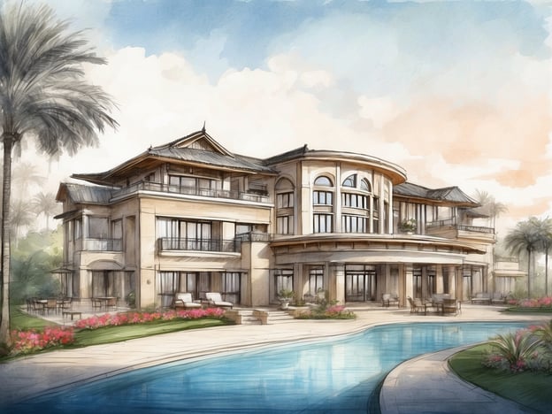 Auf dem Bild ist eine künstlerische Darstellung eines luxuriösen Hauses zu sehen, das von einem Swimmingpool umgeben ist. Die Architektur ist elegant und modern, mit großen Fenstern und einem großzügigen Außenbereich. Palmen und blühende Pflanzen verleihen der Szene einen tropischen Flair.The Marker Dublin ist ein modernes Hotel, das für seine stilvolle Architektur und seine zentrale Lage bekannt ist. Es bietet komfortable Zimmer, ein Restaurant, ein Fitnessstudio und Konferenzräume. Die Dachterrasse ermöglichet einen atemberaubenden Blick auf die Stadt, was es zu einem beliebten Ziel für Reisende und Einheimische macht.