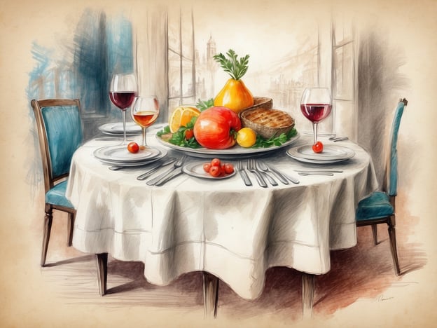 Auf dem Bild ist ein elegant gedeckter Tisch zu sehen, der für ein feines Dining-Erlebnis im Hotel vorbereitet ist. Der Tisch ist mit einer weißen Tischdecke bedeckt und ist reichlich mit verschiedenen Speisen dekoriert. Im Mittelpunkt steht eine große Fruchtkomposition, die Äpfel, Orangen, eine Birne und mehr umfasst. Es gibt auch Brot sowie kleine Tomaten, die das Angebot abrunden.Zusätzlich stehen Weingläser auf dem Tisch, die ein Gefühl von Raffinesse und Genuss vermitteln. Diese Szene vermittelt eine einladende und festliche Atmosphäre, ideal für ein exklusives Essen in einem gehobenen Hotelrestaurant. Solche Dining-Erlebnisse bieten Gästen oft nicht nur exquisite Speisen, sondern auch einen Blick auf eine ansprechende Umgebung, die das Gesamterlebnis bereichert.