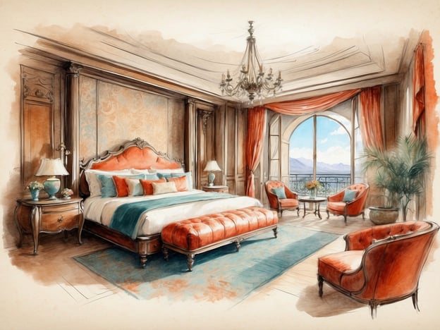 Auf dem Bild ist ein elegantes Hotelzimmer zu sehen, das durch seine opulente Einrichtung besticht. Besonders hervorstechend sind die großen Fenster, die einen herrlichen Ausblick auf die Berge bieten und den Raum mit natürlichem Licht durchfluten. Die Farbgebung des Zimmers in sanften Blau- und Orangetönen vermittelt eine warme und einladende Atmosphäre.Der hochherrschaftliche Bettrahmen mit kunstvollen Verzierungen und die luxuriösen Sitzmöbel, die im klassischen Stil gehalten sind, verleihen dem Raum eine romantische Eleganz. Der Kronleuchter an der Decke trägt zur glamourösen Atmosphäre bei, während die stilvollen Vorhänge und der Teppich das Gesamtbild harmonisch abrunden.