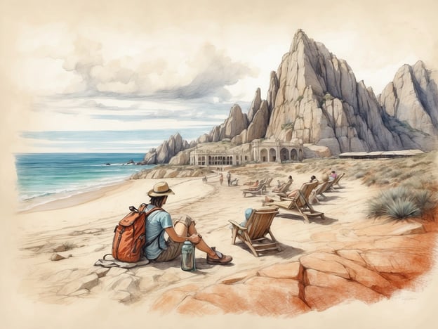 Auf dem Bild ist eine malerische Küstenlandschaft mit einem schönen Strand und imposanten Felsen im Hintergrund zu sehen. Die Szene zeigt einen Reisenden, der entspannt auf dem Sand sitzt und die Aussicht genießt, während andere Menschen in Liegestühlen relaxen.In der Umgebung könnte man verschiedene Aktivitäten unternehmen, wie zum Beispiel Schwimmen oder Schnorcheln im klaren Wasser. Angesichts der Felsen wäre auch Klettern oder eine Wanderung in der Nähe eine interessante Option. Weitere Sehenswürdigkeiten könnten nahegelegene Strände oder kleine Küstenorte sein, wo man lokale Spezialitäten probieren oder Souvenirs kaufen kann. Die entspannte Atmosphäre und die beeindruckende Natur laden zu einem stressfreien Tag ein.